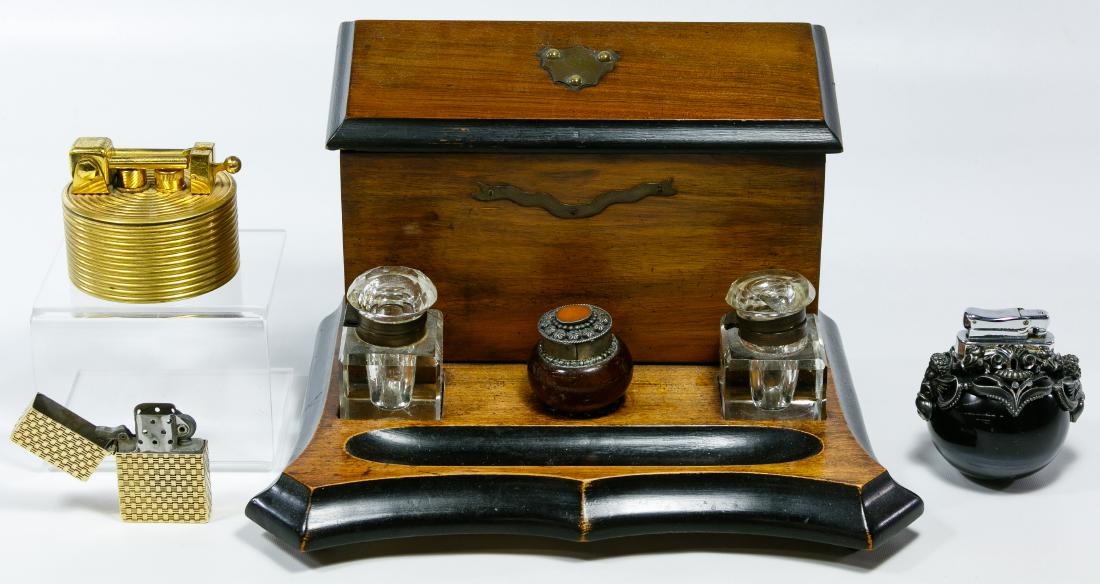 Mahogany Inkwell Stand, Lighters and Bottle Assortment: Mahogany Inkwell Stand, Lighters and Bottle Assortment Including a mahogany letter box inkwell stand with two glass and brass fitted ink bottles; a glass and silverplate Asian jar, a figural cigarette