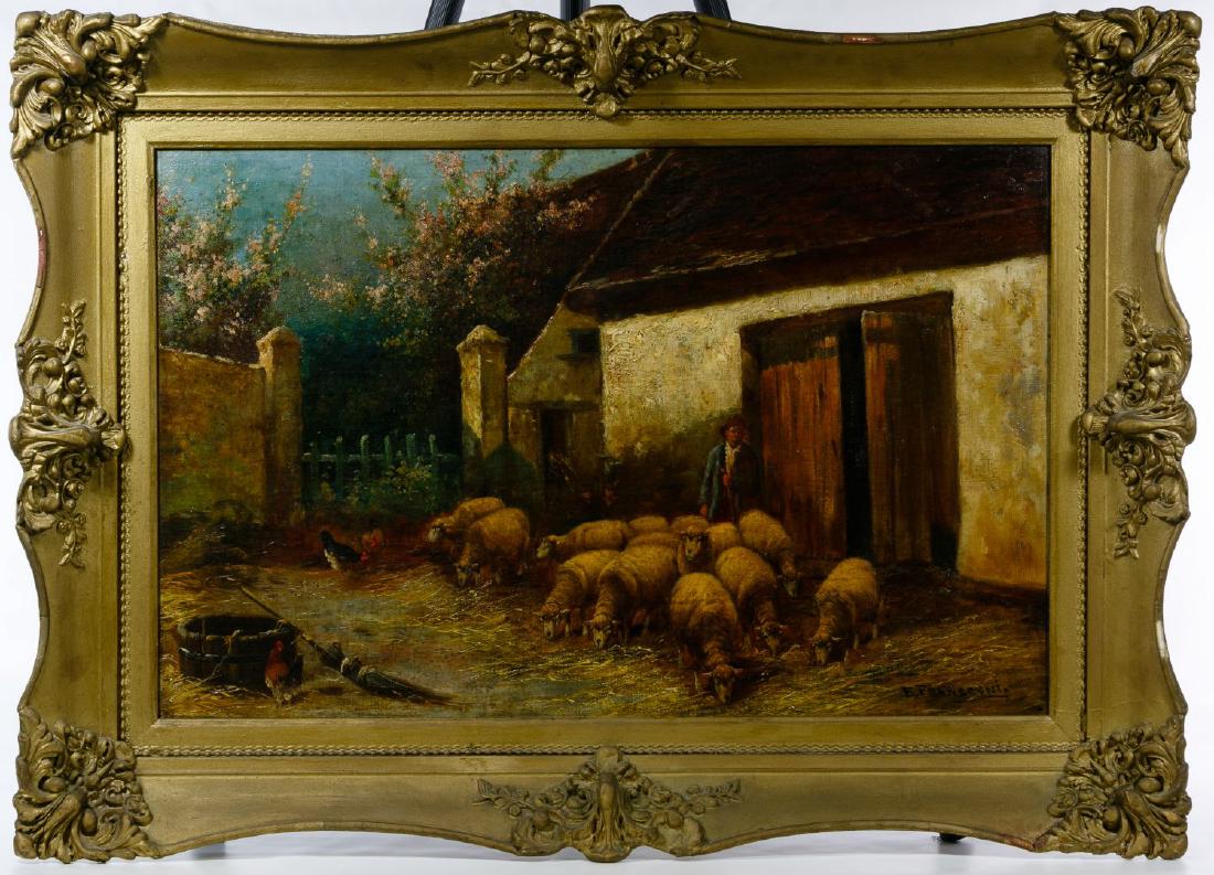 E. Fransconi (19th Century) Oil on Canvas Board: E. Fransconi (19th Century) Oil on Canvas Board Undated, signed lower right, depicting sheep and chickens in a barn yard Height: 17.50 inches, Width: 27.50 inches (board by sight) Frame Size: 26.00 in