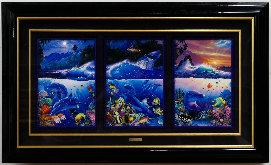 Christian R. Lassen (American, b.1949) 'Beyond the: Christian R. Lassen (American, b.1949) 'Beyond the Reef' Print 2000, signed lower right, depicting views above and below sea level with dolphins and fish; housed in a deep shadow box style frame Heigh