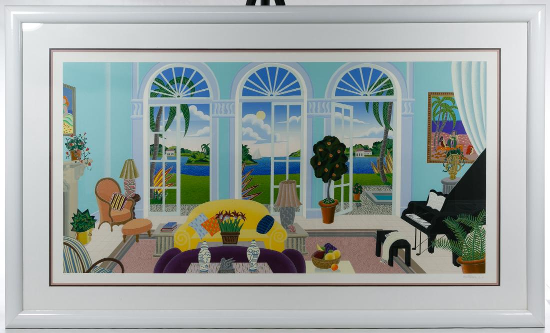 Thomas McKnight (American, b.1941) 'Palm Island': Thomas McKnight (American, b.1941) 'Palm Island' Silkscreen Print 1992, signed lower right, numbered XXI/CC, depicting a living room with piano; purchased from Ivy Galleries, Inc. of New York Height: 