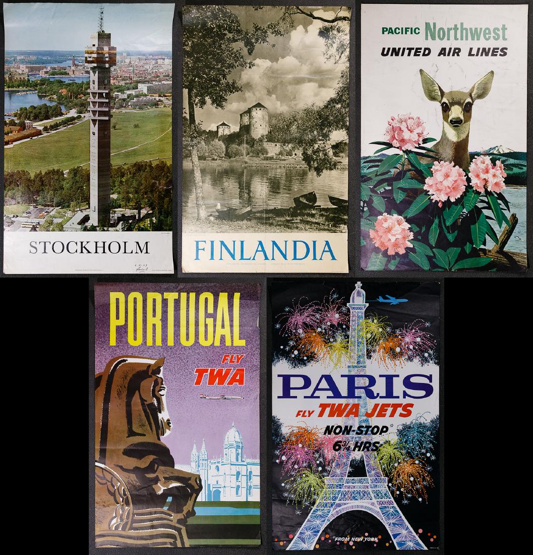 City and Airline Travel Poster Assortment: City and Airline Travel Poster Assortment (5) travel posters including a David Klein TWA Paris poster, a United Airlines for the Pacific Northwest, Portugal by TWA, Finland and Stockholm Height: 40.00