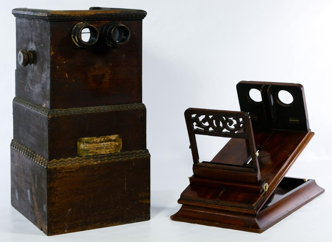 Table Top Stereoview Card Viewers: Table Top Stereoview Card Viewers (2) items including a stained wood 'Spot on the Shot' viewer with metal stereoview card holders inside that turn with the exterior knob as well as a mahogany viewer w