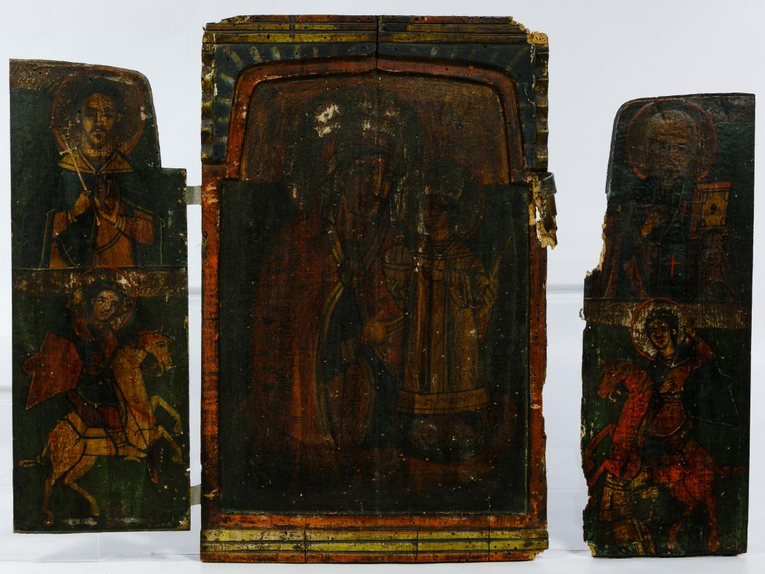 Greek Triptych Icon and Illuminated Manuscript: Greek Triptych Icon and Illuminated Manuscript (2) items including an early 19th century tempera paint on wood Greek triptych icon depicting Mary, Jesus and Saints as well as a painted vellum illumina