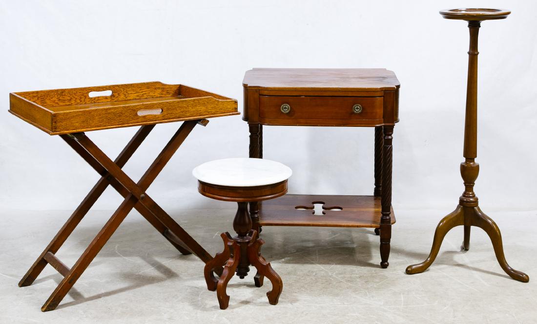 Table Assortment: Table Assortment Luggage stand having a butler tray top, small writing table, plant stand and marble top table; most cobbled together from parts Height: 28.50 inches, Width: 24.25 inches, Depth: 19.00