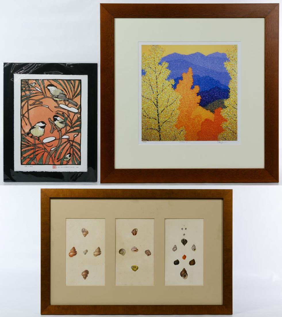 Bruce Baughman (American, 20th Century) 'Autumn I': Bruce Baughman (American, 20th Century) 'Autumn I' Print Undated 'Autumn I' print #34/300, signed lower left; together with a 1966 Nick Wroblewski print #38/100, depicting chickadee birds; and a set o