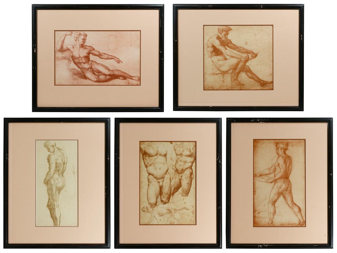 Italian Renaissance Style Male Torso Prints: Italian Renaissance Style Male Torso Prints Including (5) contemporary reproduction prints in sepia tones depicting nude males; framed and matted Height: 14.25 inches, Width: 7.00 inches Frame Size: 2