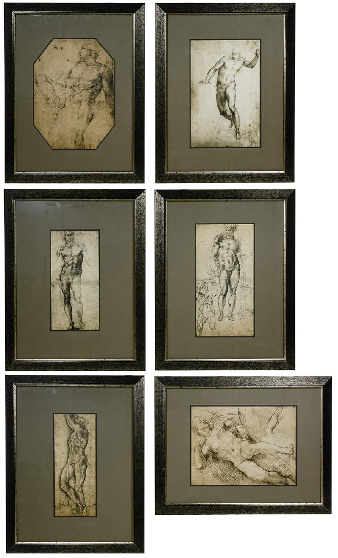 Italian Renaissance Style Nude Male Prints: Italian Renaissance Style Nude Male Prints (6) contemporary reproduction prints depicting nude males in various poses; matted and framed Height: 14.00 inches, Width: 10.50 inches Frame Size: 23.75 inc