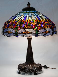 Tiffany Style 'Dragonfly' Stained Glass Shade Table: Tiffany Style 'Dragonfly' Stained Glass Shade Table Lamp Having a bronze base with six light sockets and 'Dragonfly' style stained glass shade; base is marked 'Tiffany Studios New York 397' and shade