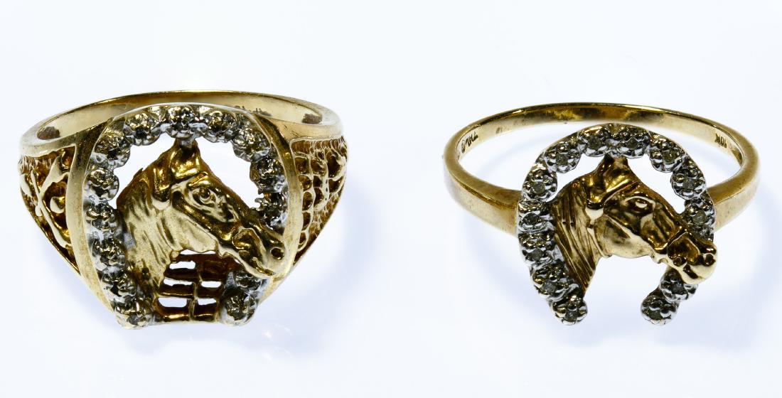 10k Gold and Diamond Rings: 10k Gold and Diamond Rings Two rings having a horse and horse shoe design, adorned with gemstones; both marked '10k' inside band Size: 10, 10 Weight: 5.53 dwts. (total weight) Category: Fine Jewelry >