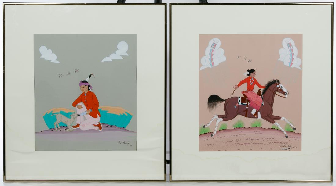 Charlie Begay (American, 20th Century) Mixed Media on: Charlie Begay (American, 20th Century) Mixed Media on Paper (2) Navajo framed items signed lower right; the 1977 image depicts a Navajo feeding an animal; the 1979 image depicts a female riding a hors
