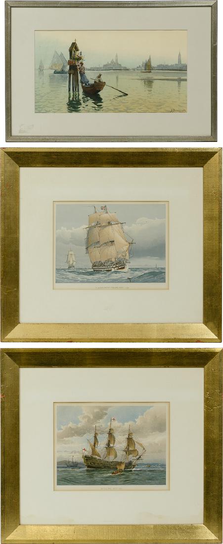 E Benvenuti (Italian, 1881-1959) Watercolor on Paper: E Benvenuti (Italian, 1881-1959) Watercolor on Paper Undated, signed lower right, depicting a rowboat; together with (2) (after) William Frederick Mitchell (English, 1845-1914) battleship prints publi