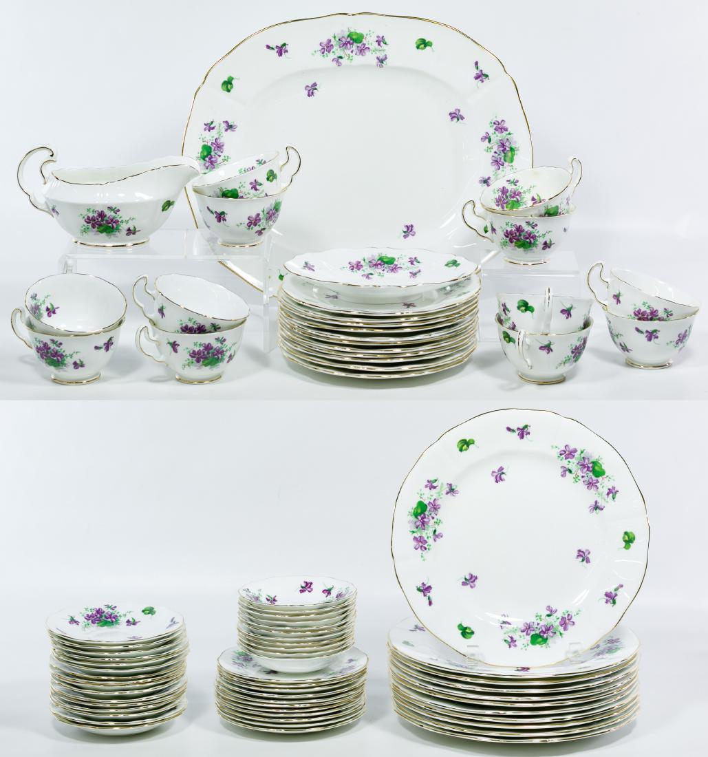Adderley 'Violet' China Service: Adderley 'Violet' China Service Including (11) dinner plates, (11) dessert plates, (11) bread plates, (12) cups, (16) saucers, (11) fruit bowls, a gravy pitcher with separate underplate and an oval pl