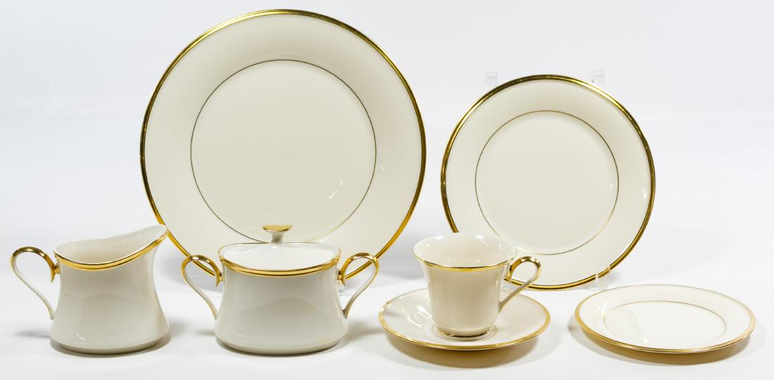 Lenox 'Eternal Dimension' China Service: Lenox 'Eternal Dimension' China Service Including (10) dinner plates, (14) salad plates, (10) bread plates, (10) cups, (10) saucers, a sugar bowl, a creamer, a gravy pitcher and underplate, a 3-tier s