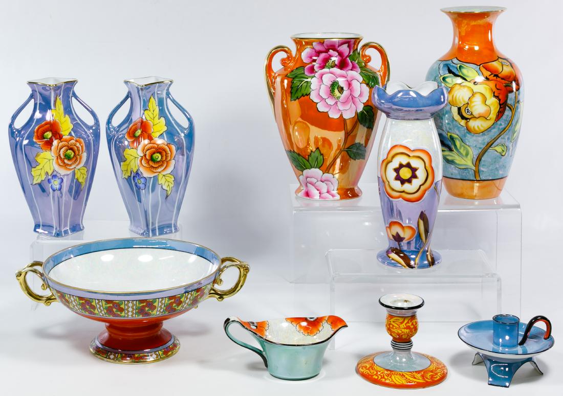 Japanese Lusterware Porcelain Assortment: Japanese Lusterware Porcelain Assortment (19) items including vases, bowls, candle holders, pitcher, serving tray, shaker and sugar bowl with Morimura M in wreath or various colors of the Camilla flow