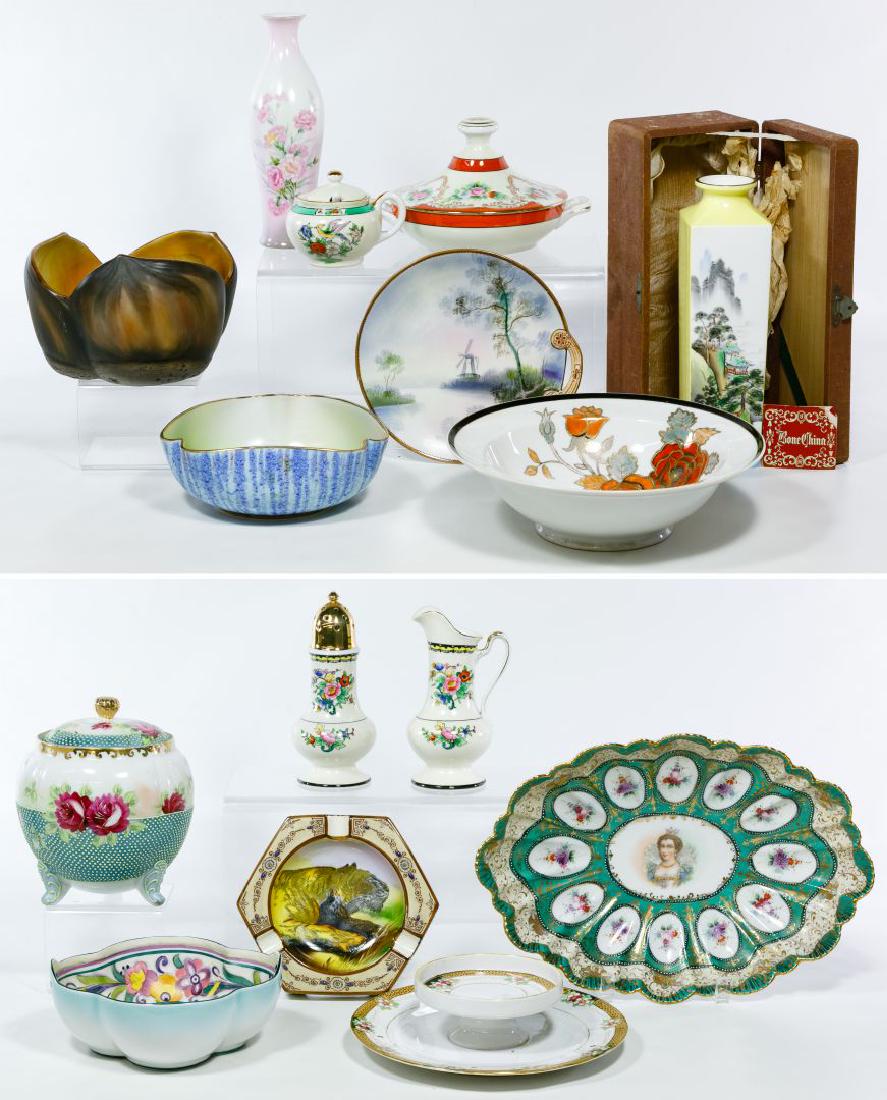 Noritake Ceramic Assortment: Noritake Ceramic Assortment (14) items including vases, bowls, an ashtray, a sugar bowl, a pitcher, a shaker and a footed jar with hand painted and moriage decorations; most having the Morimura Bros. 