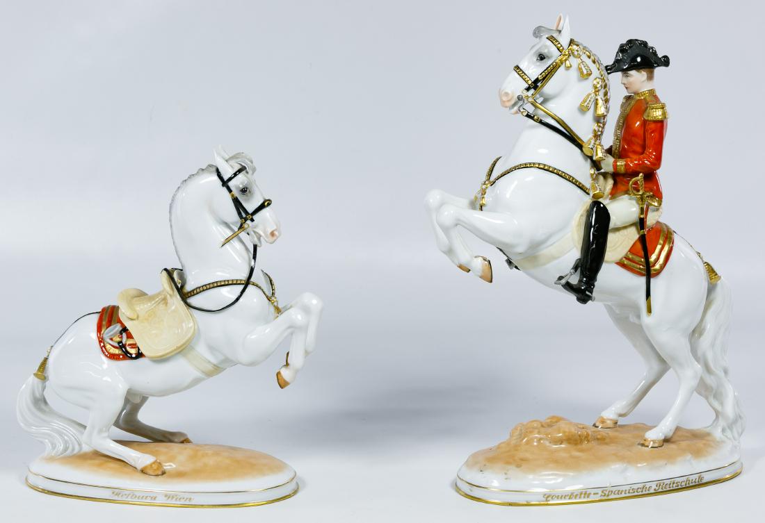 Royal Vienna and Augarten Wien Porcelain Horse: Royal Vienna and Augarten Wien Porcelain Horse Figurines (2) items including a horse and rider figurine 'Courbette' marked 'Wien' on the underside and a Lipizzaner horse 'Levade' with the 'Augarten Wi
