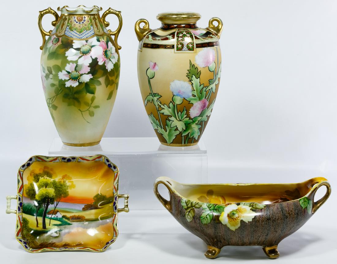 Nippon Assortment: Nippon Assortment (12) items including painted and moriage decorated vases, pitchers, bowls and trays with marks from Morimura Bros., Royal Crockery, Rising Sun and Blue Maple Leaf Height: 11.00 inche
