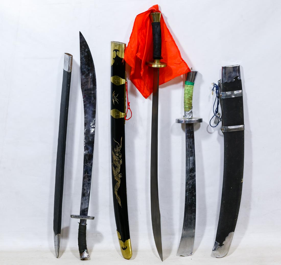 Asian Martial Arts Metal and Wood Sword Assortment: Asian Martial Arts Metal and Wood Sword Assortment 20th Century, six swords with scabbards, one having two parts Length: 39.00 inches Category: Military & Weapons > Decorative Swords Shipping Status: 