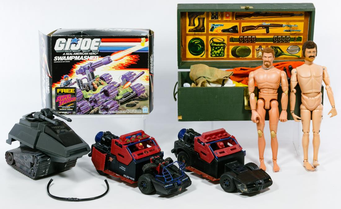 Hasbro GI Joe Assortment: Hasbro GI Joe Assortment GI Joe vehicles including Swamp masher, M-4138-1, M-4138-2 and a tractor; (8) modern GI Joe figures, a 1964 A-Team GI Joe figure, a 2001 GI Joe, 1960s GI Joe foot locker and a
