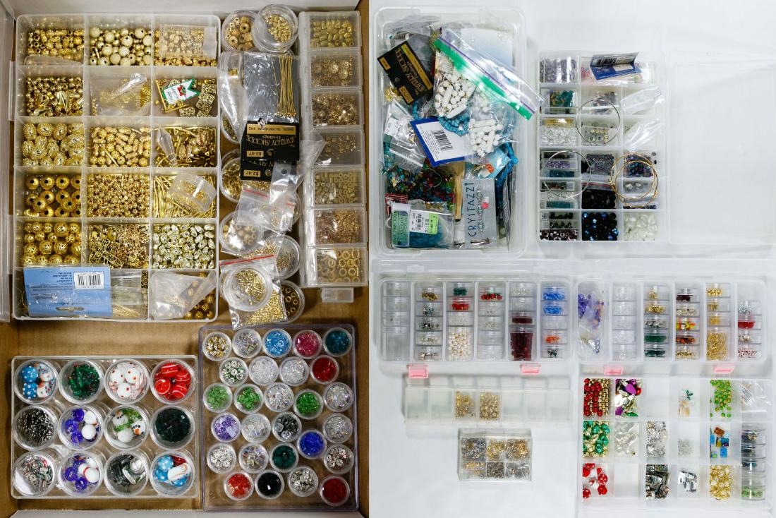 Costume Jewelry Part Assortment: Costume Jewelry Part Assortment Including loose beads, jewelry fasteners and compartmentalized storage boxes; some items gold filled / plated Length: 6.00 inches (string of beads) Category: Silver & C