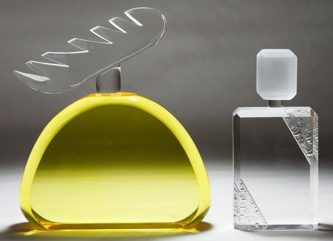 Van Teal Lucite 'Perfume' Bottle: Van Teal Lucite 'Perfume' Bottle Signed bottom right; together with a clear lucite perfume bottle Height: 13.25 inches, Width: 11.50 inches (tallest) Category: Crystal & Glass > Perfume Bottles Shippi