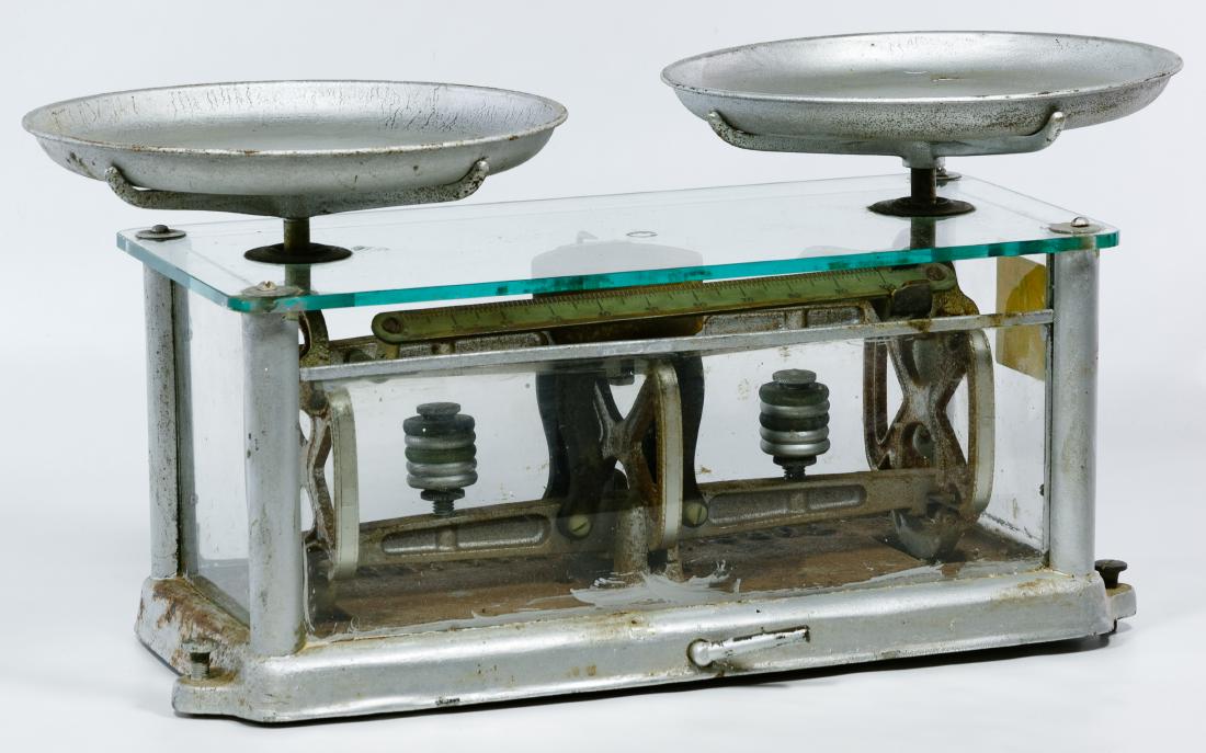 Torsion Balance Scale: Torsion Balance Scale Having model 3253, serial #B56737 and ten pound capacity; a set of Ainsworth & Sons weights and unmarked brass gram weights Height: 10.00 inches, Width: 19.00 inches, Depth: 8.00