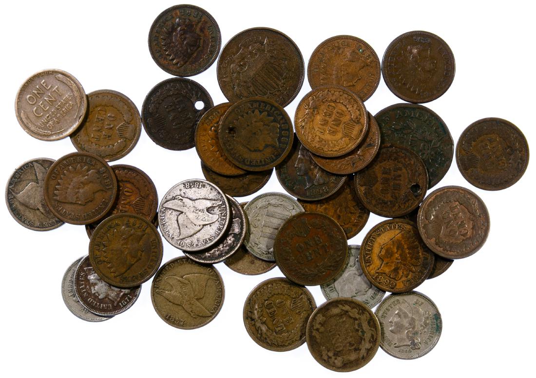 Miscellaneous US Coin Assortment: Miscellaneous US Coin Assortment Including 1804 1/2c, Flying Eagle 1c including (3) 1857 and (2) 1858, Indian Head 1c including 1864-CN, 1876 and (22) other dates, Lincoln 1909-S, 1864 2c and 3c nicke