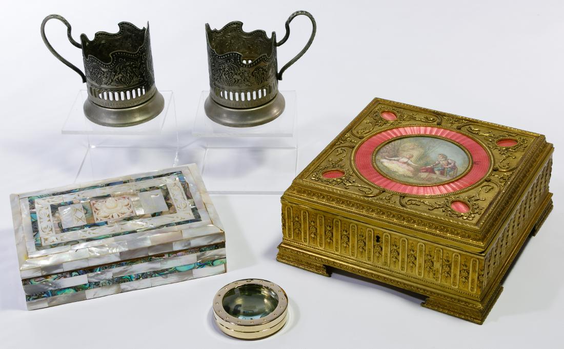 Decorative Box and Glass Holder Assortment: Decorative Box and Glass Holder Assortment Including a mother of pearl inlay box, a French guilloche enamel ormolu dresser box with a hand painted romantic plaque signed 'Vernet', a First Fidelity tri