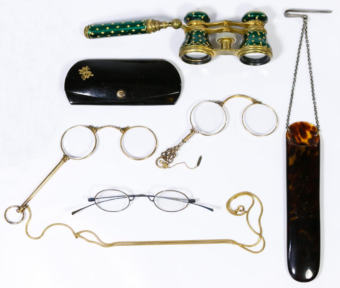 Opera, Lorgnette and Eyeglass Case Assortment: Opera, Lorgnette and Eyeglass Case Assortment Including two pairs of folding gold plated, spring loaded lorgnette eyeglasses, a pair of tin wire rimmed eyeglasses, two hard shell cases and a pair of F