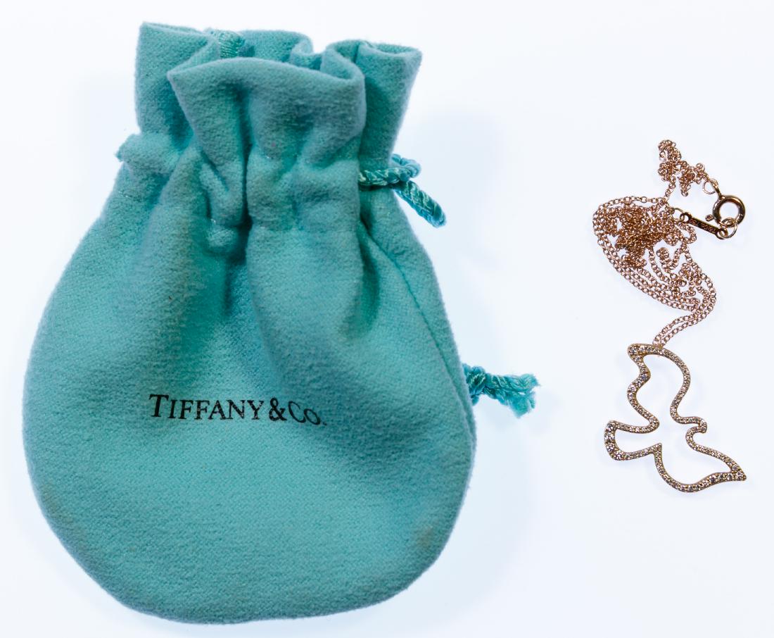 Tiffany & Co 18k Rose Gold and Diamond Dove Pendant on: Tiffany & Co 18k Rose Gold and Diamond Dove Pendant on Necklace Designed by Paloma Picasso; marked '750' near clasp; together with a Tiffany & Co storage bag Length: 16.00 inches Weight: 1.86 dwts. (t