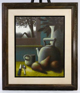 Robert Kipniss (American, b.1931) Oil on Canvas: Robert Kipniss (American, b.1931) Oil on Canvas Undated, signed lower right, depicting a still life of a teapot, pears, coffee cup and vase Height: 20.00 inches, Width: 16.00 inches (canvas) Frame Siz