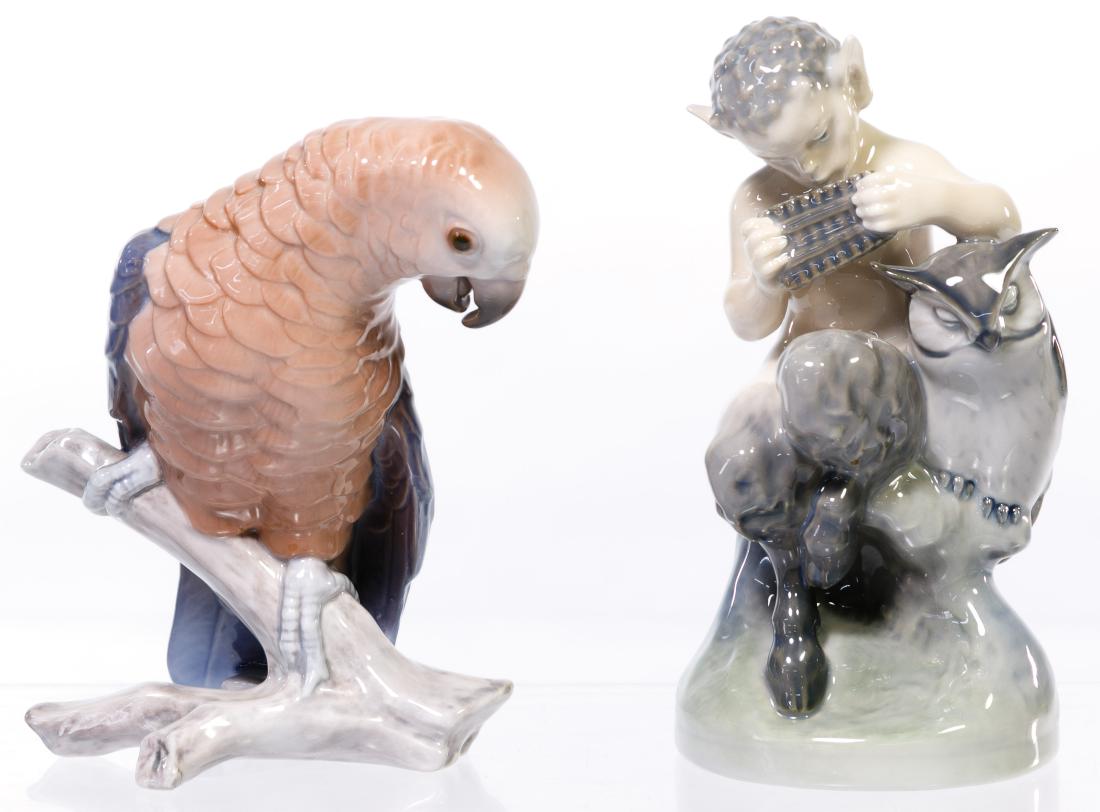 Bing & Grondahl and Royal Copenhagen Figurines: Bing & Grondahl and Royal Copenhagen Figurines Two items including a B&G #2019 'Parrot' by Dahl Jensen and Royal Copenhagen #2107 'Faun with Owl'; both marked on the undersides Height: 6.00 inches (ta