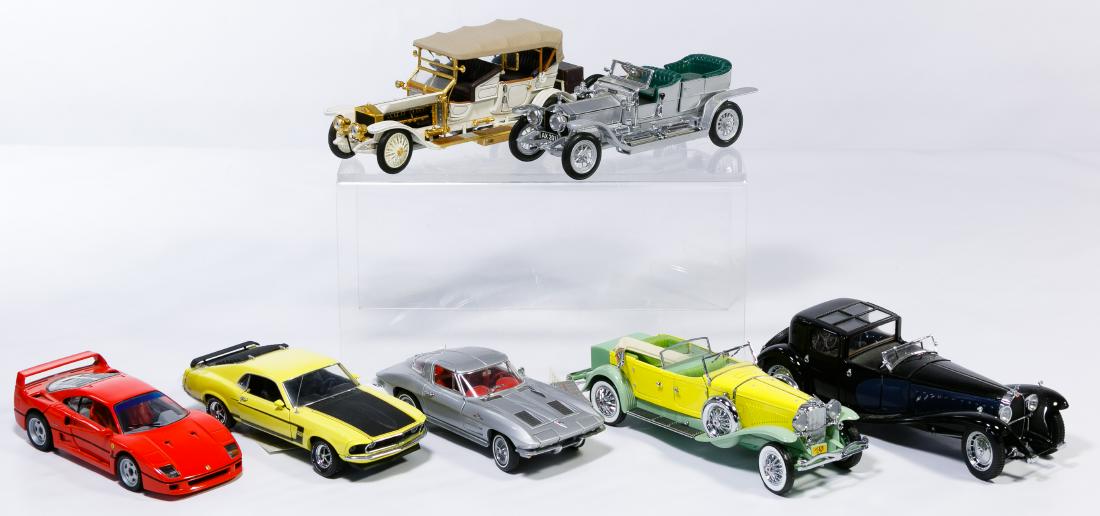 Franklin Mint Precision Model Car Assortment: Franklin Mint Precision Model Car Assortment Ten cars including 1963 Corvette with original box, 1931 Bugatti Royale Coupe de Ville with original box, 1969 Mustang, 1911 Rolls Royce, 1989 Ferrari, 193