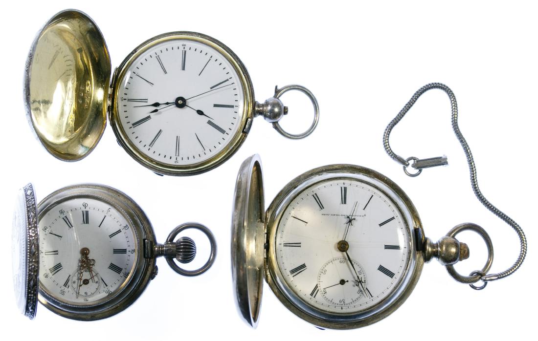 Coin and (800) Silver Hunter Case Pocket Watch: Coin and (800) Silver Hunter Case Pocket Watch Assortment Three watches including a Duplex #613 key wind and set, cylinder stem wind and pin set and a New England serial #28609; all marked inside back