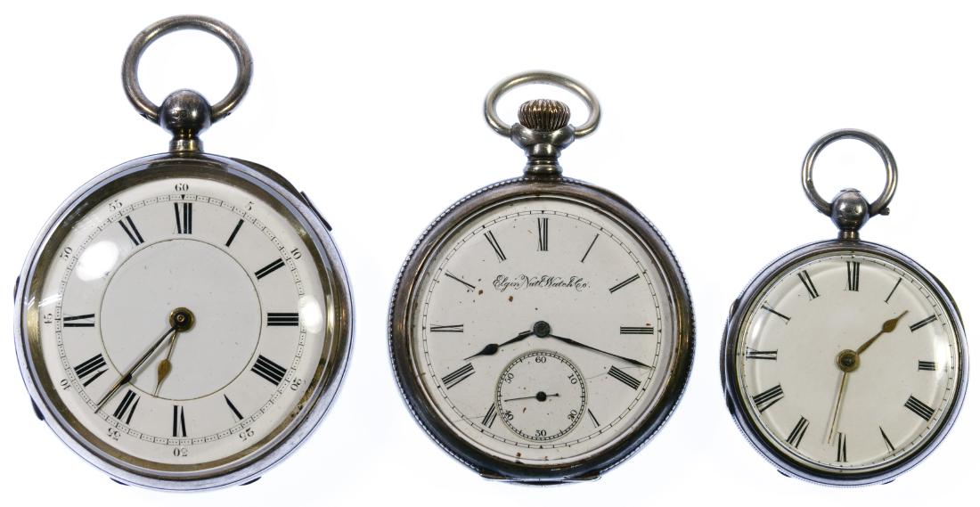 Sterling Silver Open Face Pocket Watch Assortment: Sterling Silver Open Face Pocket Watch Assortment Three watches including unmarked serial #82136 sweep second hand, key wind and set, Elgin serial #16264266 dating to 1912 having a 17-jewel movement, 