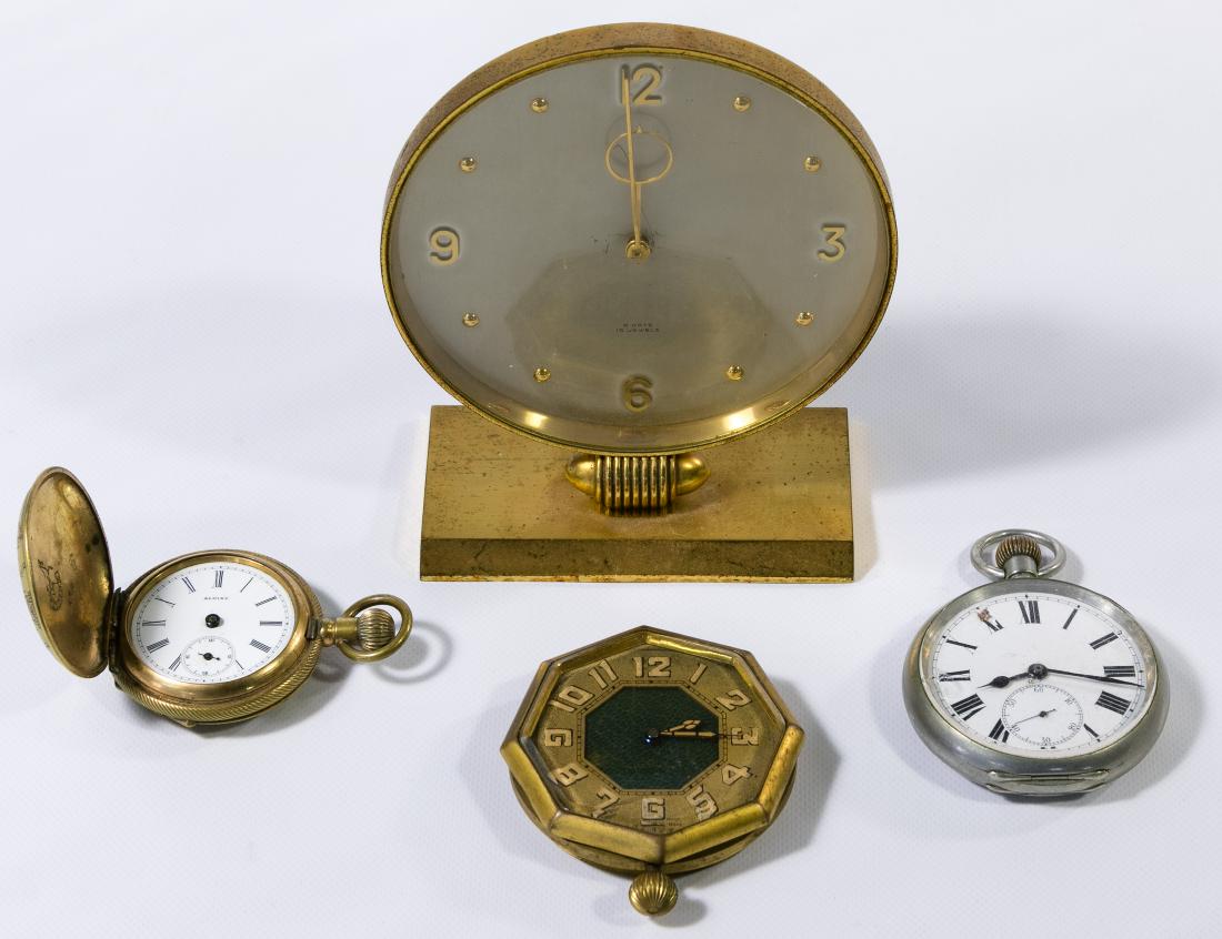 Pocket Watch, Car and Alarm Clock Assortment: Pocket Watch, Car and Alarm Clock Assortment Four pieces including a key wind and set Alpine cylindre watch in an engraved hunter case pocket watch, a stem wind and pin set S&Co in an open face case p