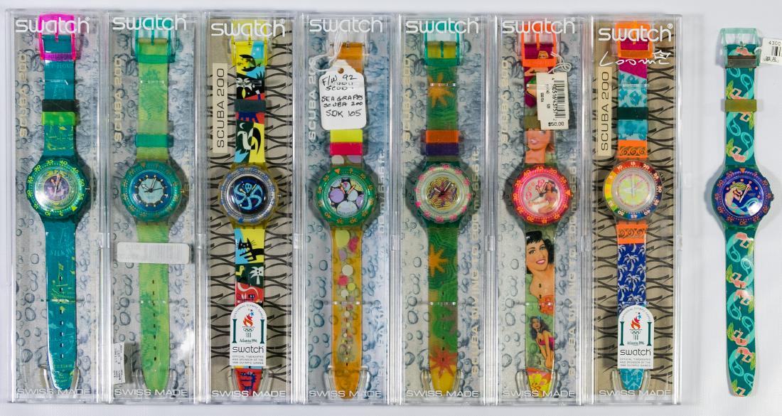 Swatch Scuba 200 Wrist Watch Assortment: Swatch Scuba 200 Wrist Watch Assortment Eight watches including 'Sea Grapes', 'Sea Floor', 'Mind the Shark', 'Beach Virgin', 'Seahorse', 'Ship of Glory', 'C-Monsta on the Beach' with swim cap and 'Pou