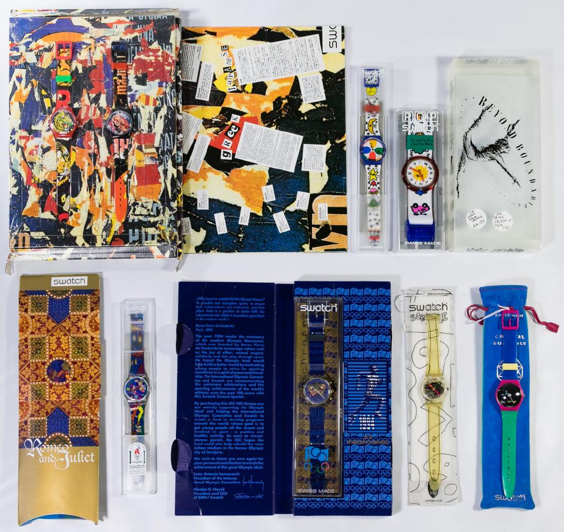 Swatch Wrist Watch Collection: Swatch Wrist Watch Collection Eight watches including 'Marilyn Monroe' 2-watch set, 'Beyond Boundaries' 2-watch set, 'Crystal Surprise', 'Scribble', 'Romeo and Juliet' and 'One Hundred Years of the Ol