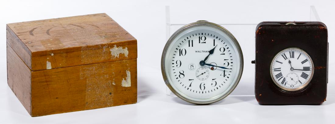 Waltham and Argentan Travel Clocks: Waltham and Argentan Travel Clocks Waltham eight day clock with wood case; Argentan clock with enamel face and leather case Width: 5.75 inches (wood box) Category: Watches > Mixed Lots Shipping Status