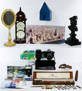 Decorative Object Assortment: Decorative Object Assortment Including a 1977 William Wyman ceramic 'Blue Monument' building, a Bombay bronze style statue of a Roman warrior, a brass and wood clock and thermometer made in Taiwan, a