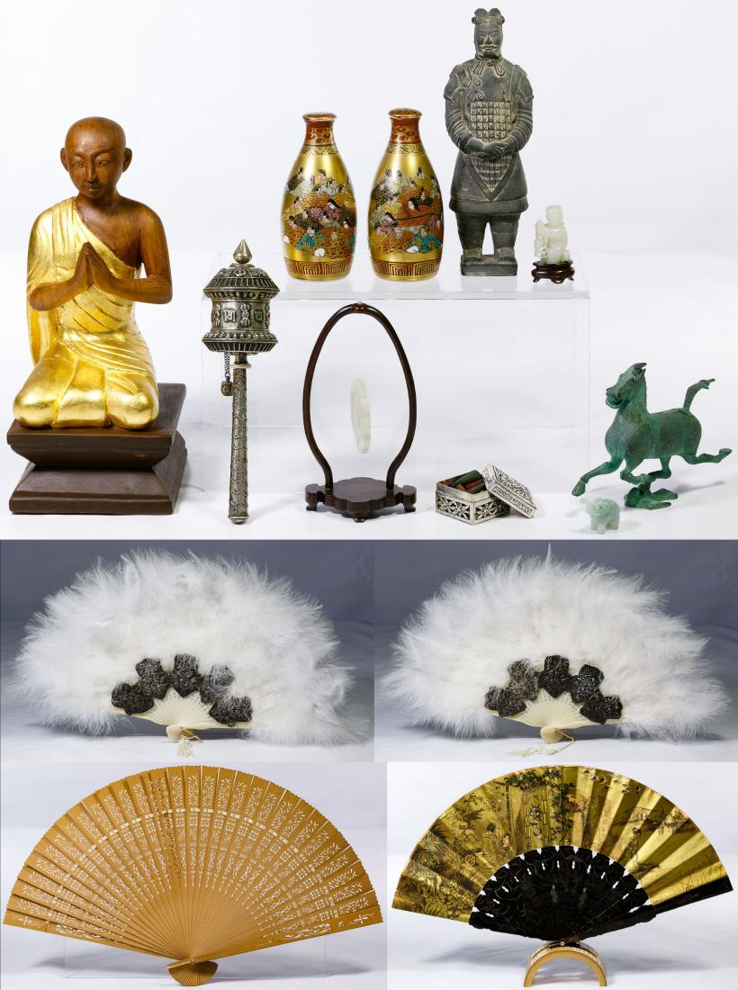 Asian Decorative Assortment: Asian Decorative Assortment 20th century; including a Buddhist tin prayer wheel, a stone medallion, two soapstone figurines, two Satsuma style ceramic bottles, a painted wood Buddha statue, a sandalwo