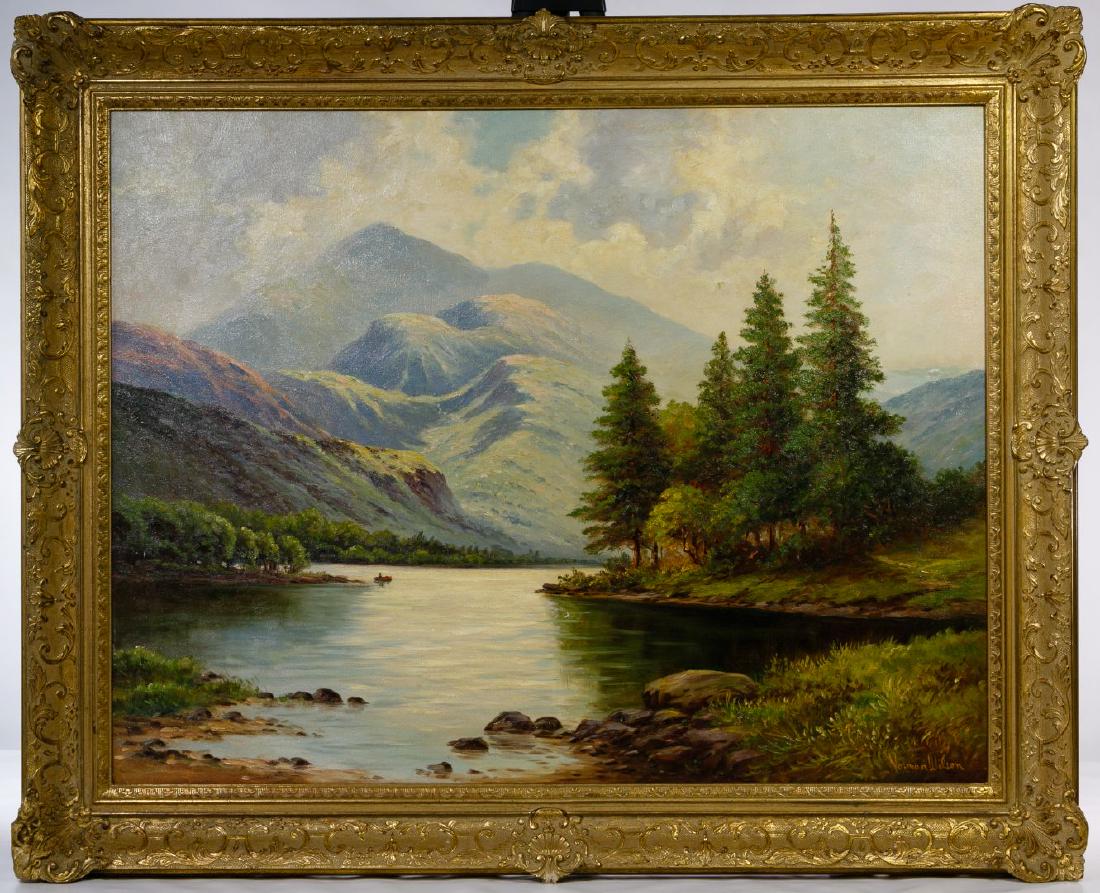 Norman Badgley Wilson (American, b.1906) Oil on Canvas: Norman Badgley Wilson (American, b.1906) Oil on Canvas Undated, signed lower right, depicting a mountainous landscape Height: 28.00 inches, Width: 36.00 inches (stretcher) Frame Size: 35.00 inches by 