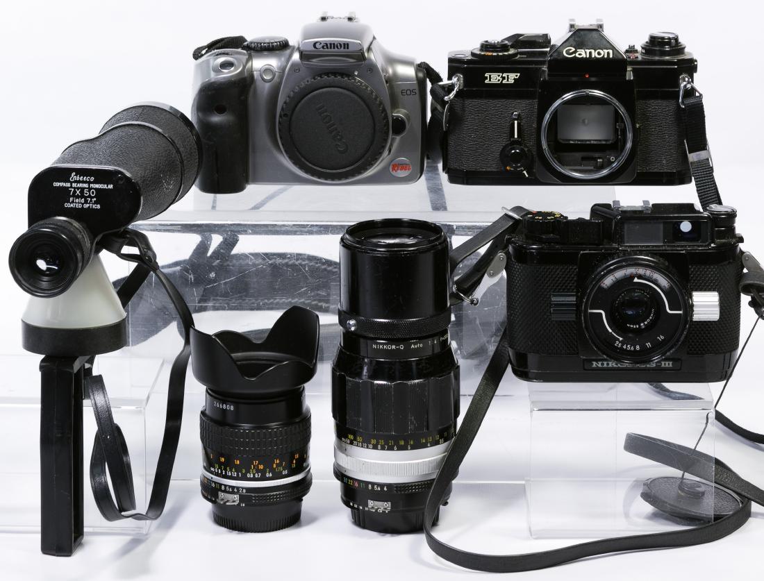 Camera and Lens Assortment: Camera and Lens Assortment Six items including Nikonos-III, Canon EOS, Canon EF, Micro-Nikkor 55m lens, Nikkor-Q 200mm lens and Enbeeco 7X50 Compass Bearing Monocular Height: 9.50 inches (tallest) Cat
