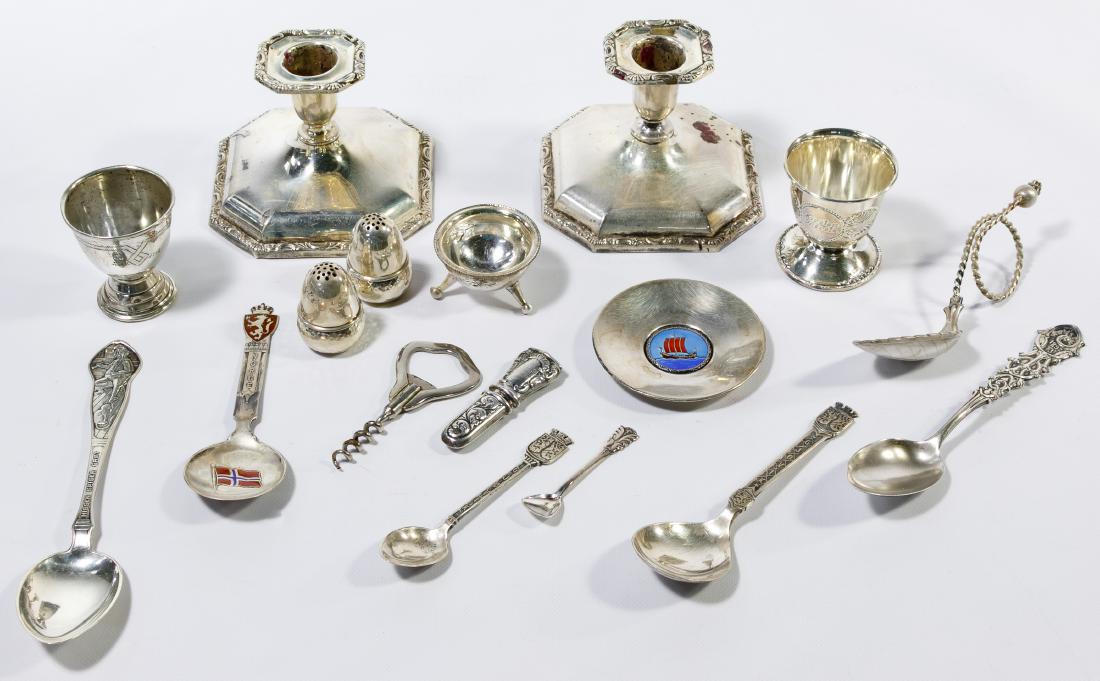 Sterling and European (830) Silver Flatware and: Sterling and European (830) Silver Flatware and Hollowware Assortment Including egg cups, spoons, acorn shakers, a salt dip and a pair of weighted candle holders; all marked 'sterling', '925' or '830'