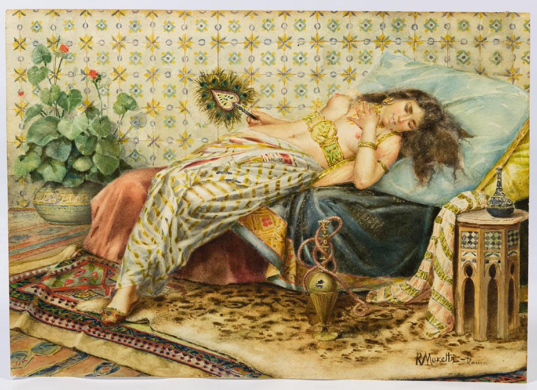 Renato Moretti (Italian, 1863-1913) 'Repose' Watercolor: Renato Moretti (Italian, 1863-1913) 'Repose' Watercolor on Paper Undated, signed lower right, depicting a semi-nude Persian style reclining female Height: 10.00 inches, Width: 14.00 inches Category: F