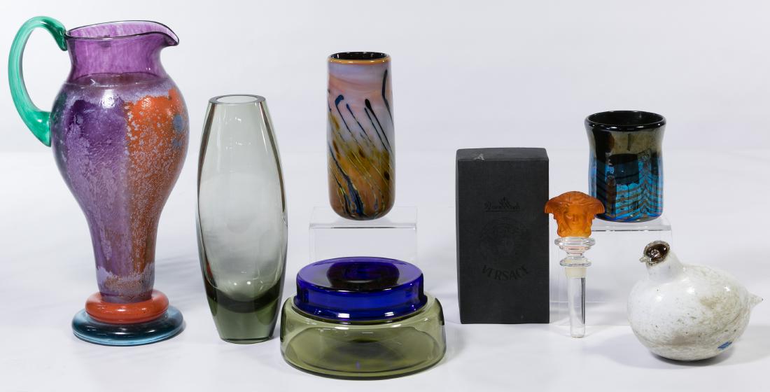 Art Glass Assortment: Art Glass Assortment Seven items including a Kosta Boda pitcher by Kjell Engman, Nuutajarvi bird, Rosenthal bottle stopper with box, Holmegaard vase, Dick Huss signed vase, illegibly signed vase and l
