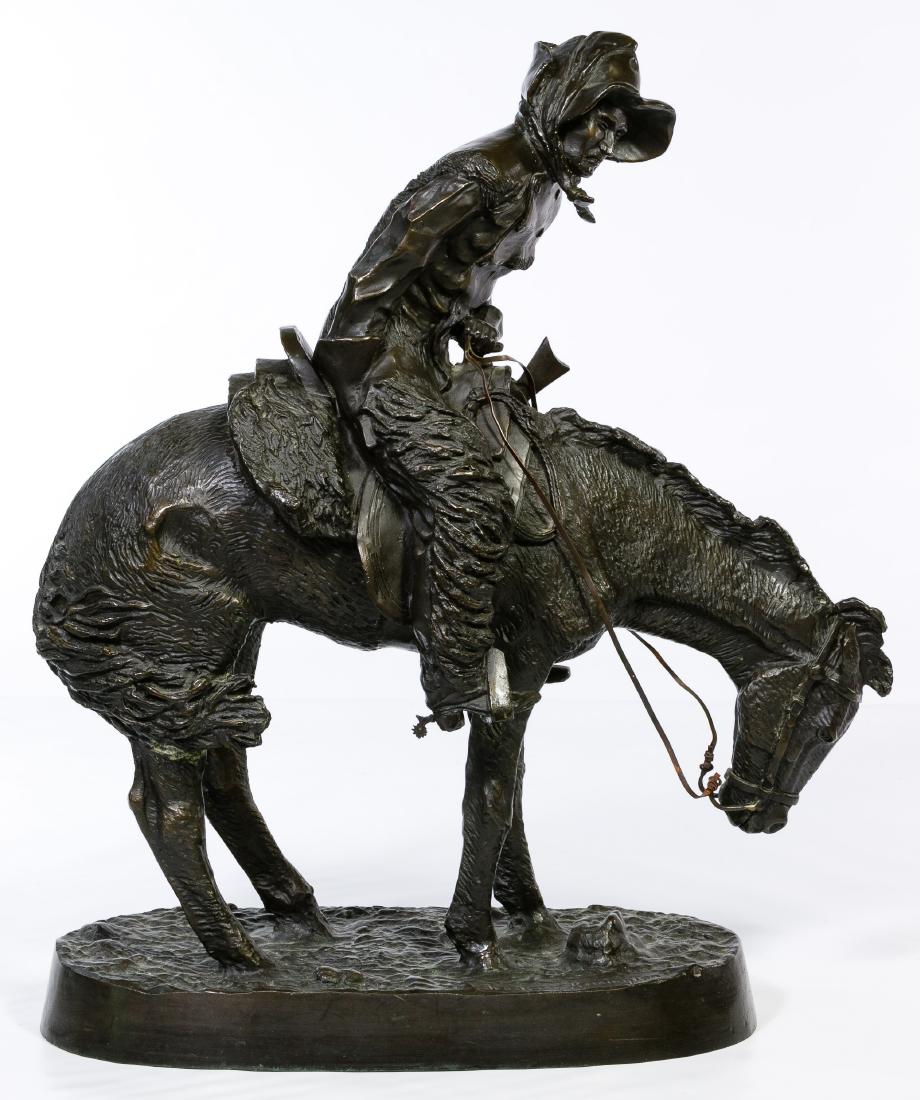(After) Frederic Remington (American, 1861-1909): (After) Frederic Remington (American, 1861-1909) 'Norther' Statue Depicting a hooded traveler hunched over on their horse, horse bracing itself against the blowing wind; incised signature 'Frederic Re