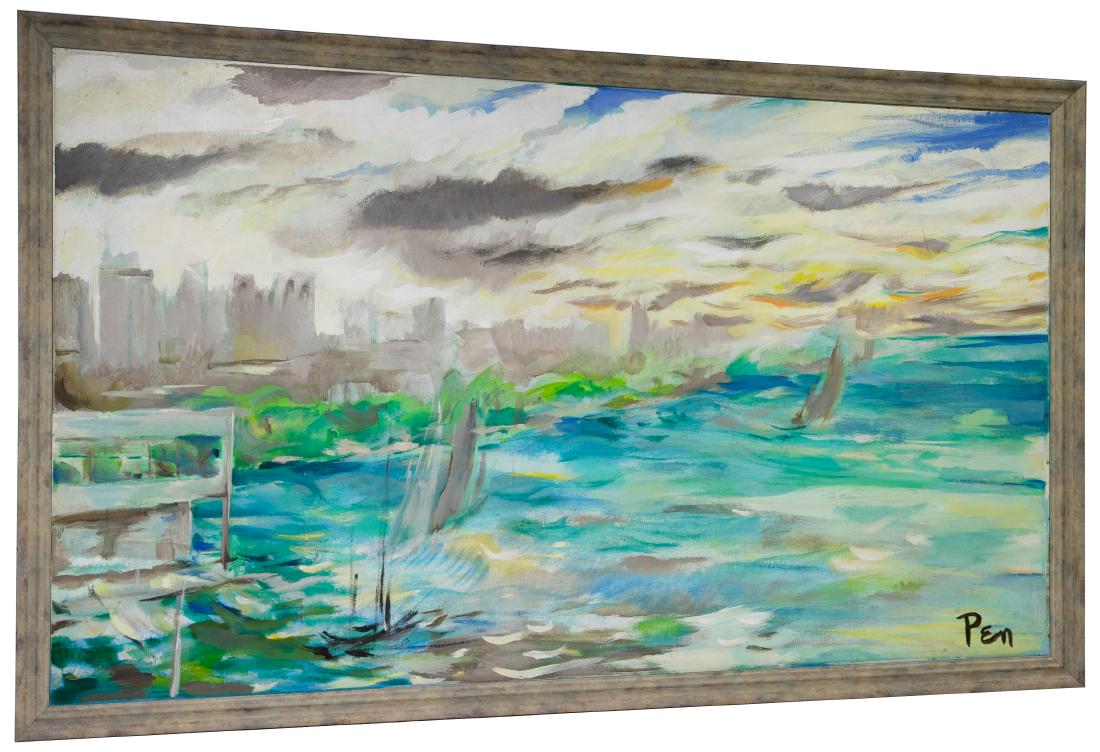 Rudolph Pen (American, 1918-1989) Oil on Board: Rudolph Pen (American, 1918-1989) Oil on Board Undated, signed lower right, depicting the Chicago skyline and Lake Michigan; angled canvas and frame Height: 31.50 inches, Width: 47.50 inches (sight) F