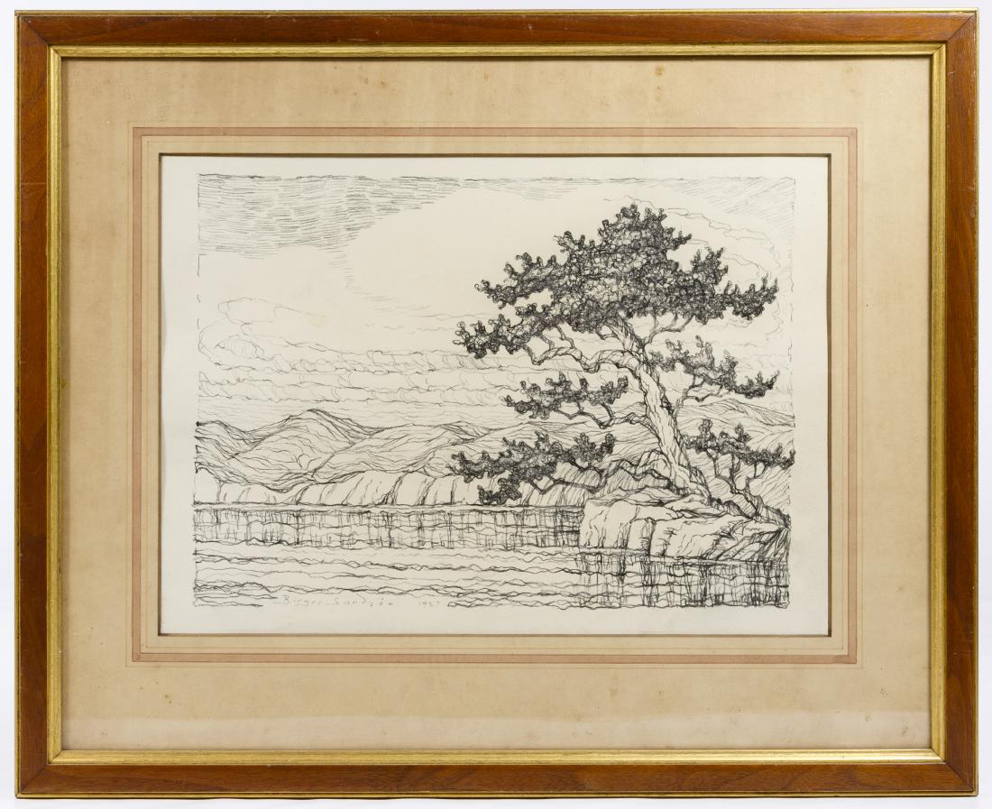 Birger Sandzen (American / Swedish, 1871-1954) Pencil: Birger Sandzen (American / Swedish, 1871-1954) Pencil Sketch Undated, pencil signed lower left, depicting a landscape image of trees and mountains Height: 10.50 inches, Width: 14.75 inches (sight) Cat