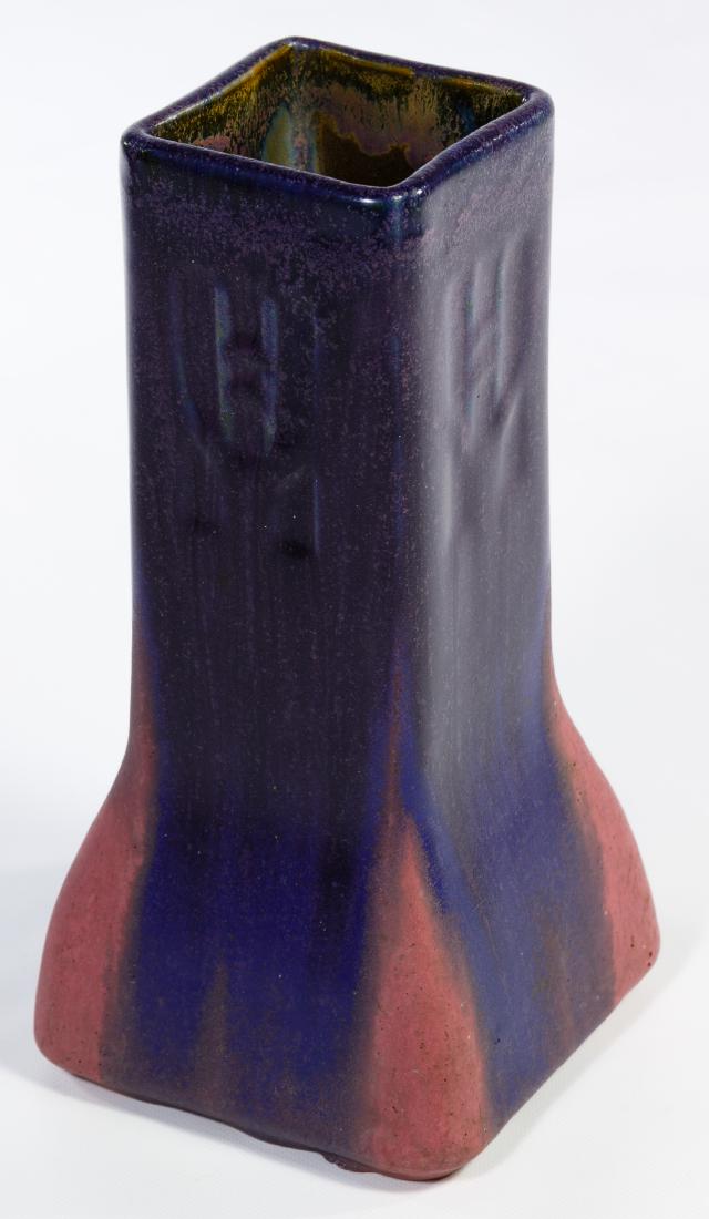Fulper Pottery Vase: Fulper Pottery Vase Purple glazed interior and exterior; having a geometric design on all four sides Height: 8.25 inches, Width: 4.00 inches Category: Pottery & Porcelain > Other Pottery Tax Status: S